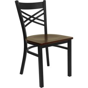 Flash Furniture Hercules Series “X” Back Metal Restaurant Chair, Modern Upholstered Armless Dining Chair for Restaurants and Kitchens, Black(Mahogany Wood Seat/Black Metal Frame)