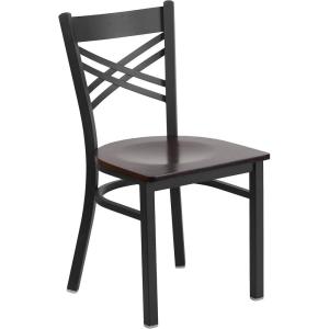 Flash Furniture Hercules Series “X” Back Metal Restaurant Chair, Modern Upholstered Armless Dining Chair for Restaurants and Kitchens, Black(Walnut Wood Seat/Black Metal Frame)