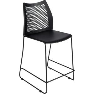 Flash Furniture Hercules Stacking Counter Height Stool with Vented Backrest and Gray Powder Coated Steel Sled Base with Integrated Footrest, Commercial Portable Stool – Navy(Black Plastic/Black Frame)