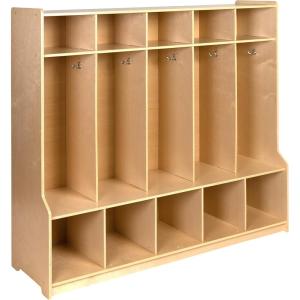 Flash Furniture Hercules Wooden 5-Section School Coat Locker with Bench, Cubbies, and Storage Hooks, Preschool Cubby Organizer, 48″H x 48″L, Natural(48″H x 48″L – 5 Cubbies Locker)