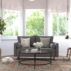 Flash Furniture Hudson Mid-Century Modern Loveseat – Dark Gray Faux Linen Upholstery – Buttonless Tufting – Wood Legs
