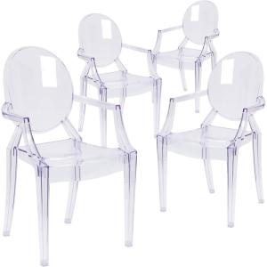 Flash Furniture Indoor/Outdoor Ghost Accent and Dining Chair with Curved Arms and Contoured Seat, Stackable Restaurant Chair, Transparent Crystal(Set of 4)