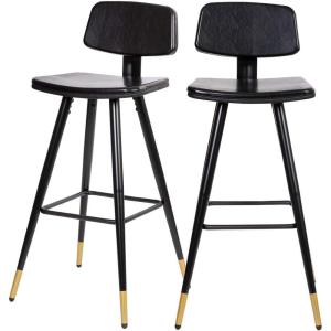 Flash Furniture Kora Commercial Grade Low Back Barstools-Black LeatherSoft Upholstery-Black Iron Frame-Integrated Footrest-Gold Tipped Legs-Set of 2(Black)