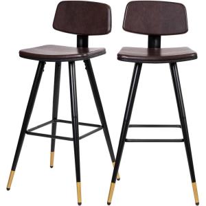 Flash Furniture Kora Commercial Grade Low Back Barstools-Black LeatherSoft Upholstery-Black Iron Frame-Integrated Footrest-Gold Tipped Legs-Set of 2(Brown)
