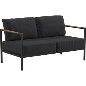 Flash Furniture Lea Indoor/Outdoor Loveseat with Cushions-Modern Aluminum Framed Loveseat with Teak Accent Arms, Black with Charcoal Cushions