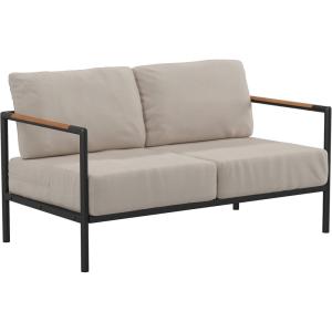 Flash Furniture Lea Indoor/Outdoor Patio Loveseat with Cushions-Modern Aluminum Framed Loveseat with Teak Accent Arms, Black with Beige Cushions