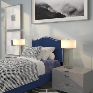 Flash Furniture Lexington Upholstered Twin Size Headboard with Accent Nail Trim in White Fabric(Navy)