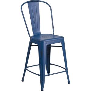 Flash Furniture Lily Commercial Grade 4 Pack 24″ High Black Metal Indoor-Outdoor Counter Height Stool with Removable Back(Antique Blue)