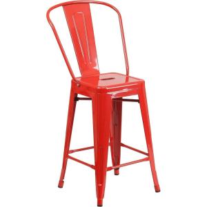 Flash Furniture Lily Commercial Grade 4 Pack 24″ High Black Metal Indoor-Outdoor Counter Height Stool with Removable Back(Red)