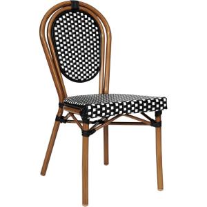 Flash Furniture Lourdes Indoor/Outdoor Commercial Thonet Bistro Stack Chair – Black/White PE Rattan Back and Seat – Natural Bamboo Print Metal Frame – 2 PK(Black & White/Natural Frame)