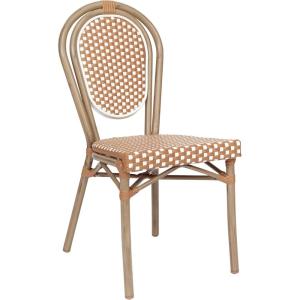 Flash Furniture Lourdes Indoor/Outdoor Commercial Thonet Bistro Stack Chair – Black/White PE Rattan Back and Seat – Natural Bamboo Print Metal Frame – 2 PK(Natural & White/Light Natural Frame)