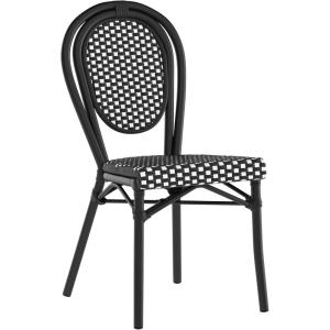 Flash Furniture Lourdes Indoor/Outdoor Commercial Thonet Bistro Stack Chair – Black/White PE Rattan Back and Seat – Natural Bamboo Print Metal Frame – 2 PK(Black & White/Black Frame)