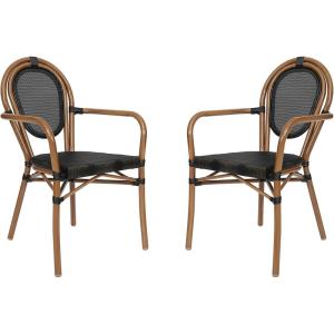 Flash Furniture Marseille Indoor/Outdoor Commercial Bistro Stack Chair – Curved Arms – Black Textilene Back and Seat – NAT Bamboo Print Metal Frame – Set of 4(Black/Natural Frame)