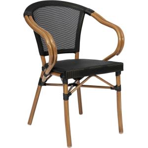 Flash Furniture Marseille Indoor/Outdoor Commercial Bistro Stack Chair – Curved Arms – Black Textilene Back and Seat – Natural Bamboo Print Metal Frame – 2 PK(Black/Natural Frame)