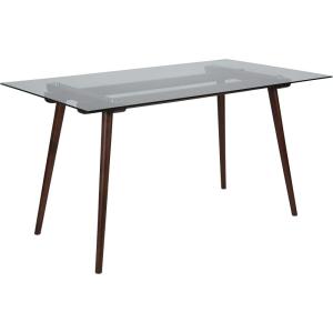 Flash Furniture Meriden 31.5″ x 55″ Rectangular Solid Walnut Wood Table with Clear Glass Top(Clear Top/Walnut Frame)