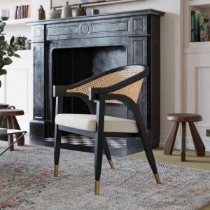 Flash Furniture Naomi Cane Rattan Dining and Accent Chair, Commercial Grade Solid Wood Frame with Gold Accent Legs, Beige Upholstered Padded Seat, Natural/Black(Black)