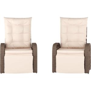 Flash Furniture Nemo Indoor/Outdoor Patio Wicker Rattan Recliner, Lounge Chair with Flip-Up Side Table, Beige/Brown(Beige Cushions/Brown Frame)