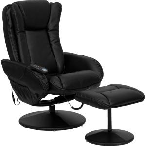 Flash Furniture Poppy Massaging Multi-Position Plush Recliner with Side Pocket and Ottoman in Black LeatherSoft(Black)