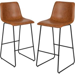 Flash Furniture Reagan 24″ LeatherSoft Counter Height Stools with Footrest, Mid-Century Modern Bucket Style Dining Chairs, Set of 2, Light Gray(Light Brown)