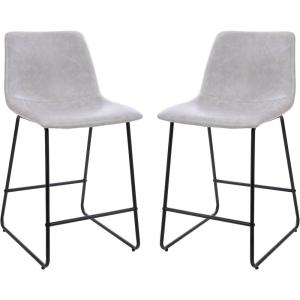 Flash Furniture Reagan 24″ LeatherSoft Counter Height Stools with Footrest, Mid-Century Modern Bucket Style Dining Chairs, Set of 2, Light Gray(Light Gray)