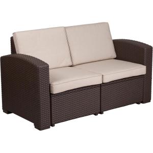 Flash Furniture Seneca Chocolate Brown Faux Rattan Loveseat with All-Weather Beige Cushions(Chocolate Brown)