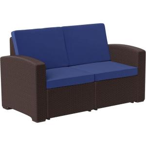 Flash Furniture Seneca Chocolate Brown Faux Rattan Loveseat with All-Weather Beige Cushions(Navy Cushions/Chocolate Brown Frame)