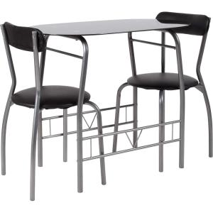 Flash Furniture Sutton 3 Piece Space-Saver Bistro Set with Black Glass Top Table and Black Vinyl Padded Chairs(Black)