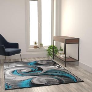 Flash Furniture Tellus Collection Ocean Wave Patterned Area Rug – Turquoise Olefin Fibers with Jute Backing – 8′ x 10′ – Entryway, Living Room, Bedroom(5′ x 7′ (Rectangular))