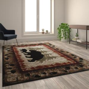 Flash Furniture Ursus Collection Rustic Lodge Wandering Black Bear & Cub Area Rug – Olefin Fibers in Brown, Beige, Black, & Green – 6′ x 9′ Accent Rug – Jute Backing(6′ x 9′ (Rectangular))