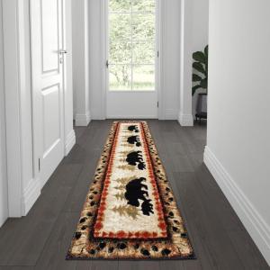 Flash Furniture Ursus Collection Rustic Lodge Wandering Black Bear & Cub Area Rug – Olefin Fibers in Brown, Beige, Black, & Green – 6′ x 9′ Accent Rug – Jute Backing(2′ x 7’4″ (Rectangular))