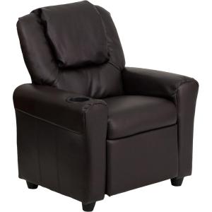 Flash Furniture Vana Vinyl Kids Recliner with Cup Holder, Headrest, and Safety Recline, Contemporary Reclining Chair for Kids, Supports up to 90 lbs., Beige(Brown Leathersoft)
