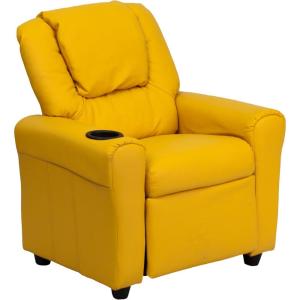 Flash Furniture Vana Vinyl Kids Recliner with Cup Holder, Headrest, and Safety Recline, Contemporary Reclining Chair for Kids, Supports up to 90 lbs., Beige(Yellow Vinyl)