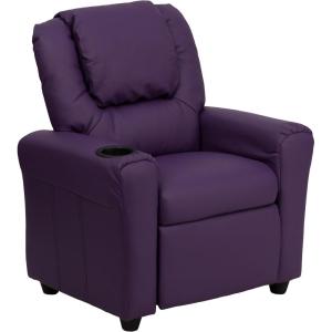 Flash Furniture Vana Vinyl Kids Recliner with Cup Holder, Headrest, and Safety Recline, Contemporary Reclining Chair for Kids, Supports up to 90 lbs., Beige(Purple Vinyl)