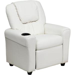 Flash Furniture Vana Vinyl Kids Recliner with Cup Holder, Headrest, and Safety Recline, Contemporary Reclining Chair for Kids, Supports up to 90 lbs., Beige(White Vinyl)