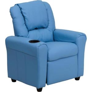 Flash Furniture Vana Vinyl Kids Recliner with Cup Holder, Headrest, and Safety Recline, Contemporary Reclining Chair for Kids, Supports up to 90 lbs., Beige(Light Blue Vinyl)