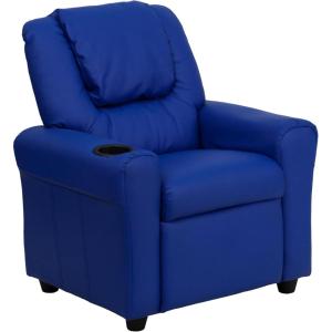 Flash Furniture Vana Vinyl Kids Recliner with Cup Holder, Headrest, and Safety Recline, Contemporary Reclining Chair for Kids, Supports up to 90 lbs., Beige(Blue Vinyl)