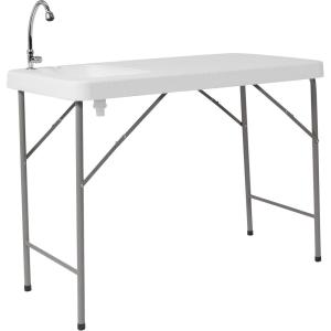 Flash Furniture Wesley 4′ Portable Fish Cleaning Table with Sink, Outdoor Portable Folding Camping Sink Table with Faucet, and Hose Attachment, White