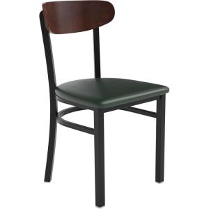 Flash Furniture Wright Commercial Grade Dining Chair – Natural Birch Finish Solid Wood Seat and Boomerang Back – 500 LB. Capacity Black Steel Frame(Walnut Wood Back/Green Vinyl Seat)