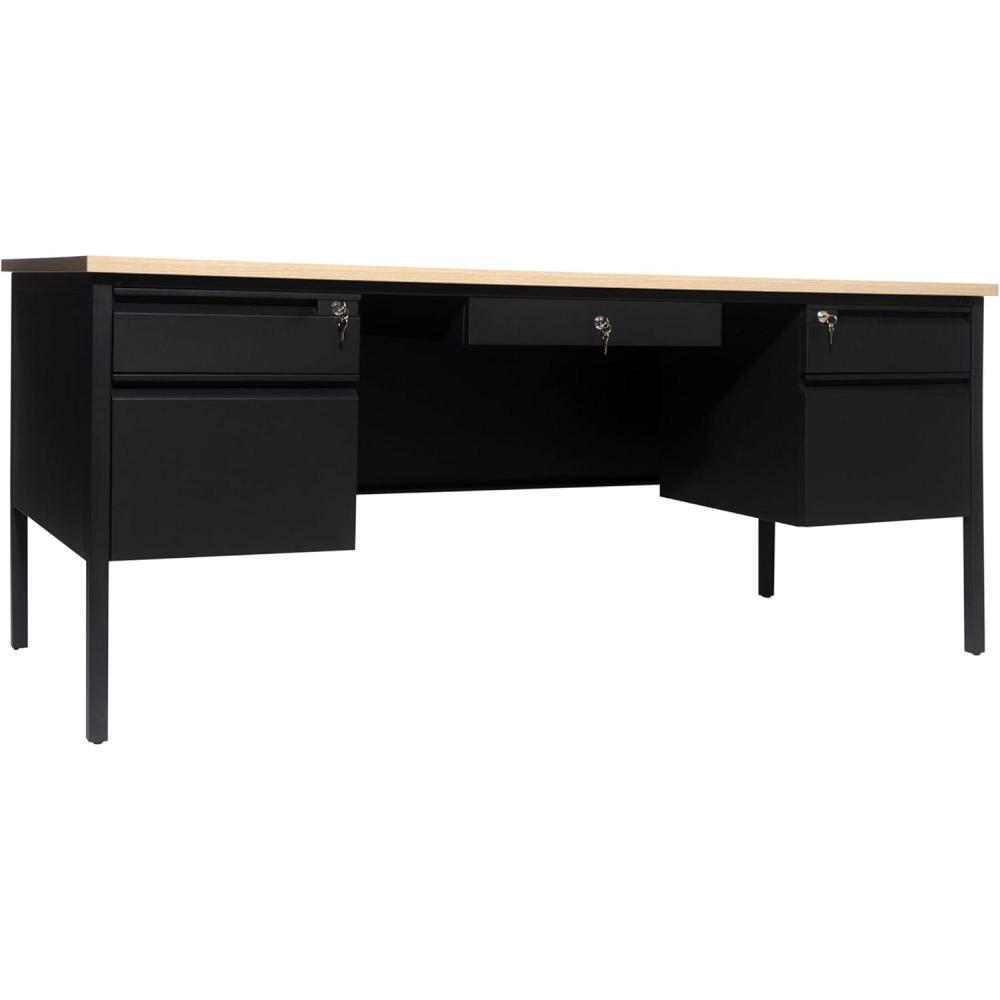imageFlash Furniture Cambridge Double Pedestal Desk with 5 Locking Drawers Commercial Grade Teachers or Office Desk 30x70 Metal Frame White OakBlackWhite Oak