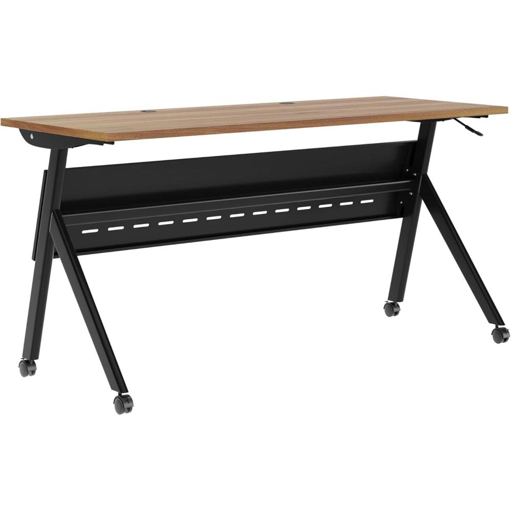 imageFlash Furniture Davis Commercial Nesting Flip Training Table HeavyDuty Steel Frame and YLegs Modesty Panel 1quot Thick Tabletop 60quot x 24quot Gray TopBlack FrameWalnut TopBlack Frame