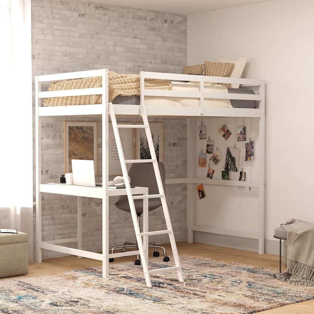 imageFlash Furniture Riley Loft Bed Frame with Desk Espresso Wood Slats Full Size Protective Guard Rails ampamp Ladder Kids and Teens Space Saving DesignWhite