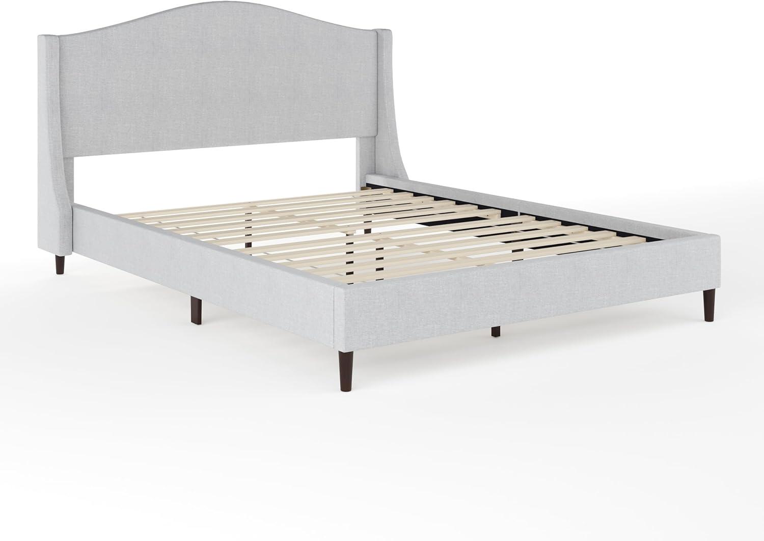 imageMartha Stewart Amelia Platform Bed with Curved Headboard and Cushioned Side Rails Boucle Upholstery Wood Slat Foundation No Box Spring Needed Queen OffWhite BoucleGray FabricBlack Legs