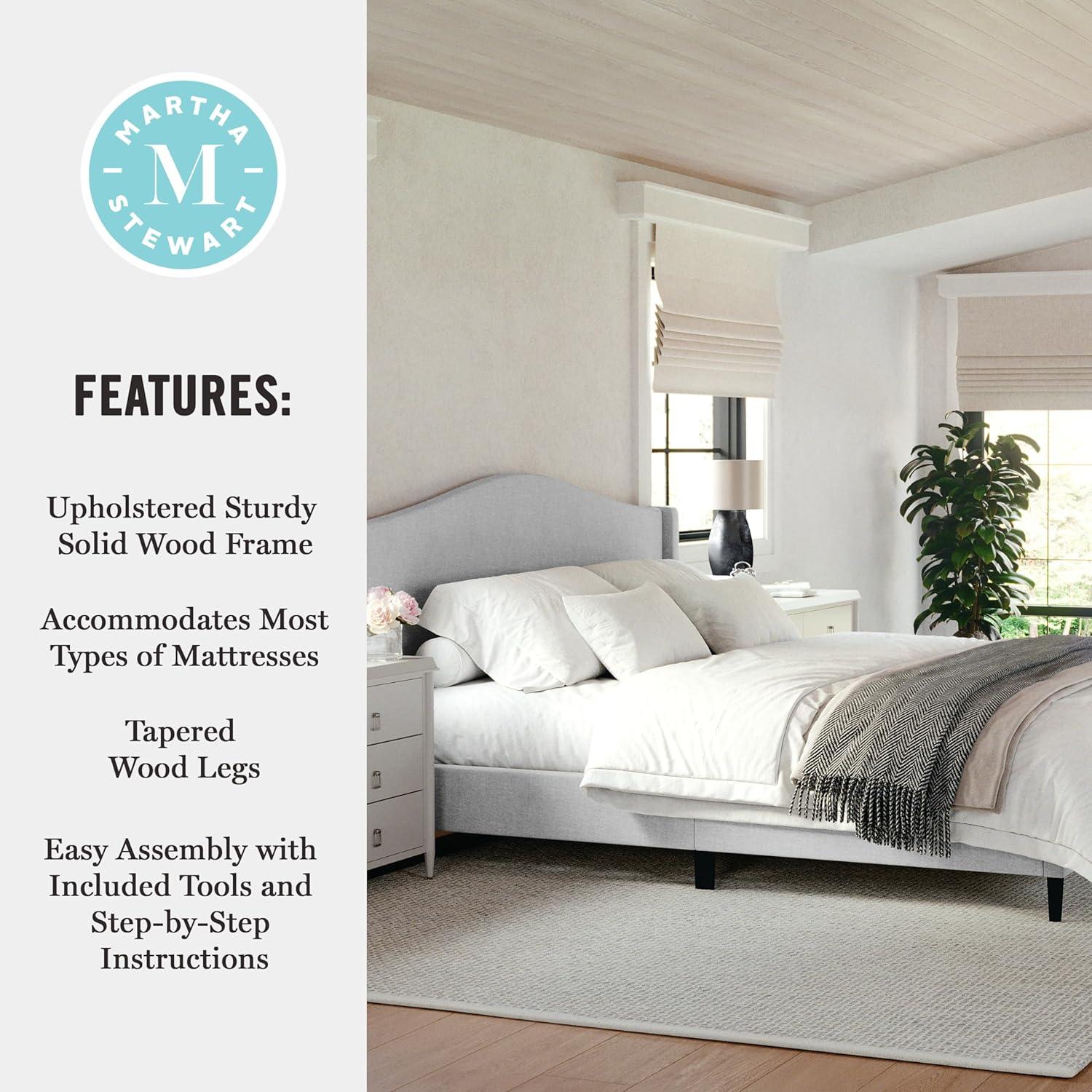 imageMartha Stewart Amelia Platform Bed with Curved Headboard and Cushioned Side Rails Boucle Upholstery Wood Slat Foundation No Box Spring Needed Queen OffWhite BoucleGray FabricBlack Legs