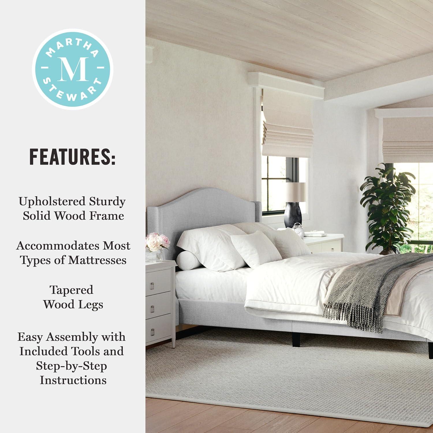 imageMartha Stewart Amelia Platform Bed with Curved Headboard and Cushioned Side Rails Boucle Upholstery Wood Slat Foundation No Box Spring Needed Queen OffWhite BoucleGray FabricBlack Legs