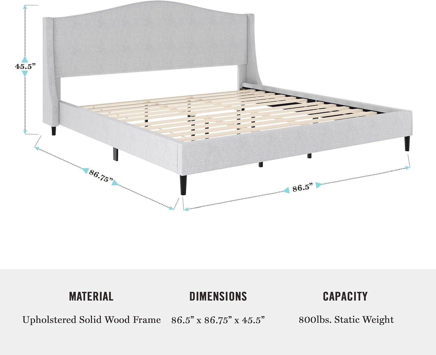 imageMartha Stewart Amelia Platform Bed with Curved Headboard and Cushioned Side Rails Boucle Upholstery Wood Slat Foundation No Box Spring Needed Queen OffWhite BoucleGray FabricBlack Legs