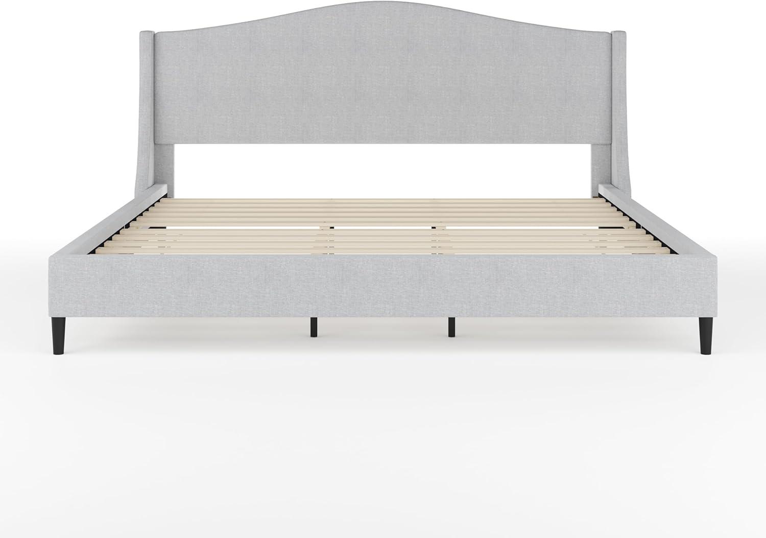 imageMartha Stewart Amelia Platform Bed with Curved Headboard and Cushioned Side Rails Boucle Upholstery Wood Slat Foundation No Box Spring Needed Queen OffWhite BoucleGray FabricBlack Legs