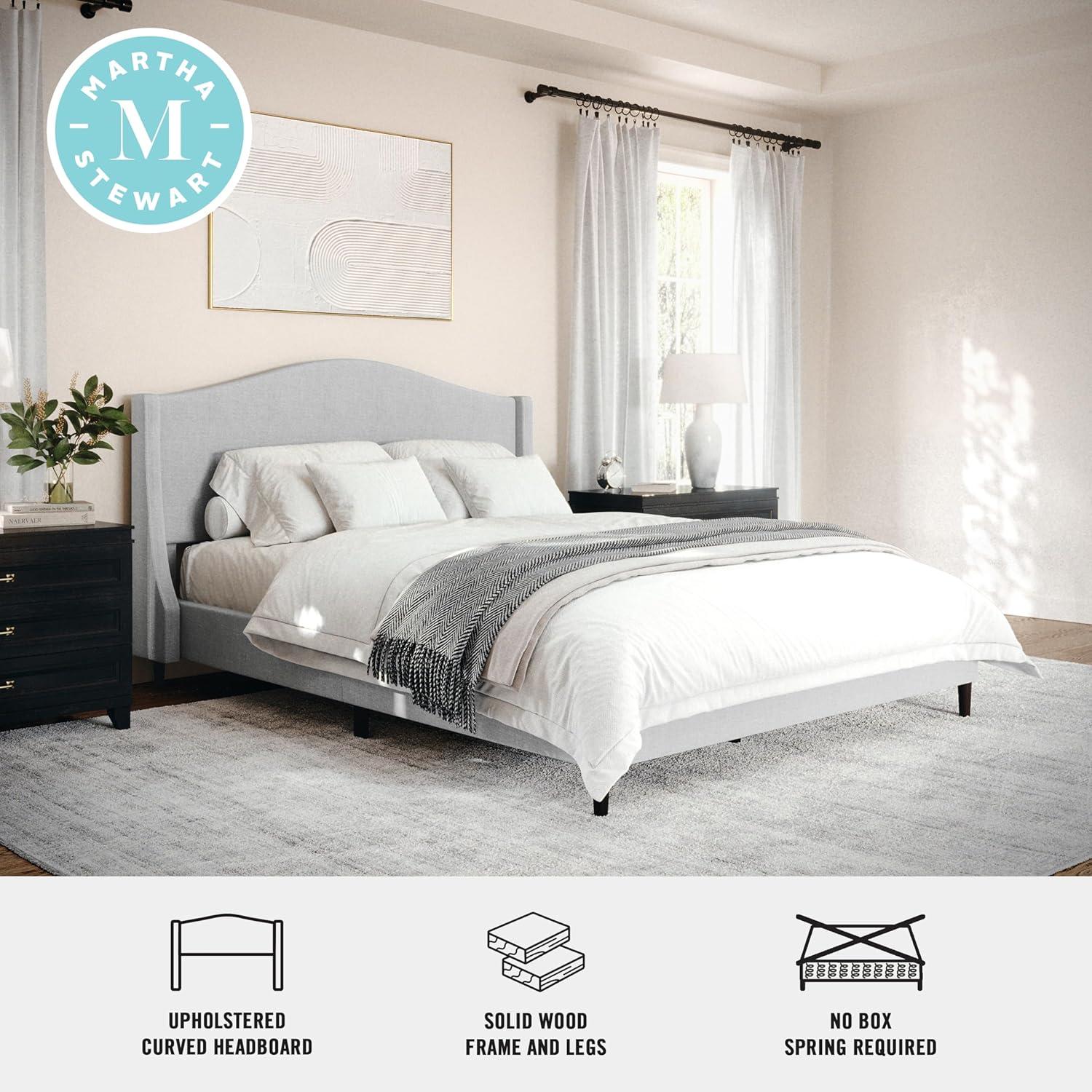 imageMartha Stewart Amelia Platform Bed with Curved Headboard and Cushioned Side Rails Boucle Upholstery Wood Slat Foundation No Box Spring Needed Queen OffWhite BoucleGray FabricBlack Legs
