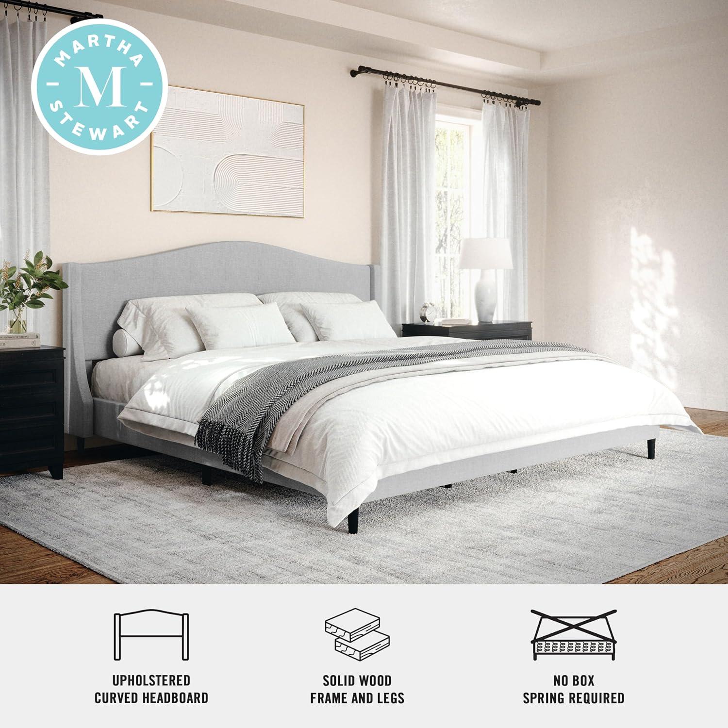 imageMartha Stewart Amelia Platform Bed with Curved Headboard and Cushioned Side Rails Boucle Upholstery Wood Slat Foundation No Box Spring Needed Queen OffWhite BoucleGray FabricBlack Legs