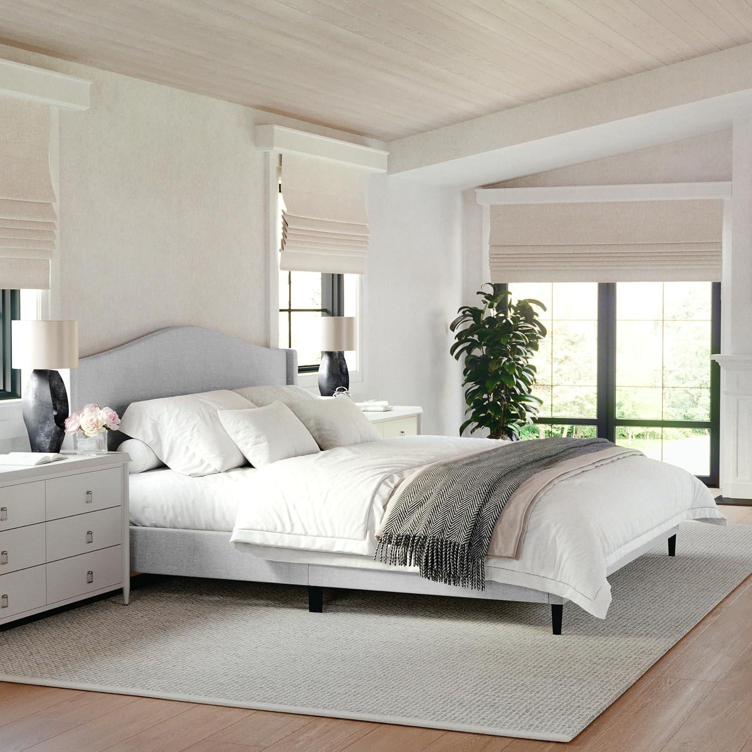 imageMartha Stewart Amelia Platform Bed with Curved Headboard and Cushioned Side Rails Boucle Upholstery Wood Slat Foundation No Box Spring Needed Queen OffWhite BoucleGray FabricBlack Legs