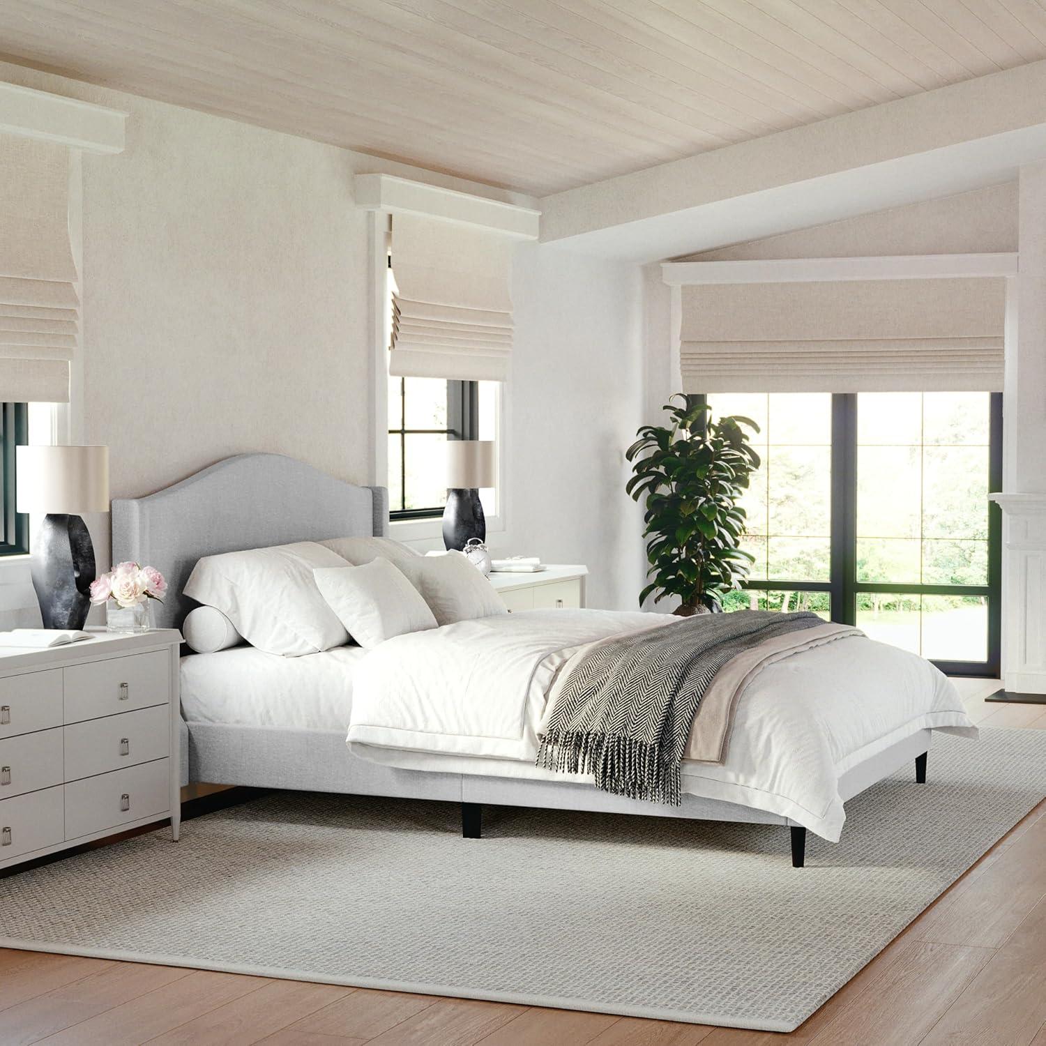 imageMartha Stewart Amelia Platform Bed with Curved Headboard and Cushioned Side Rails Boucle Upholstery Wood Slat Foundation No Box Spring Needed Queen OffWhite BoucleGray FabricBlack Legs